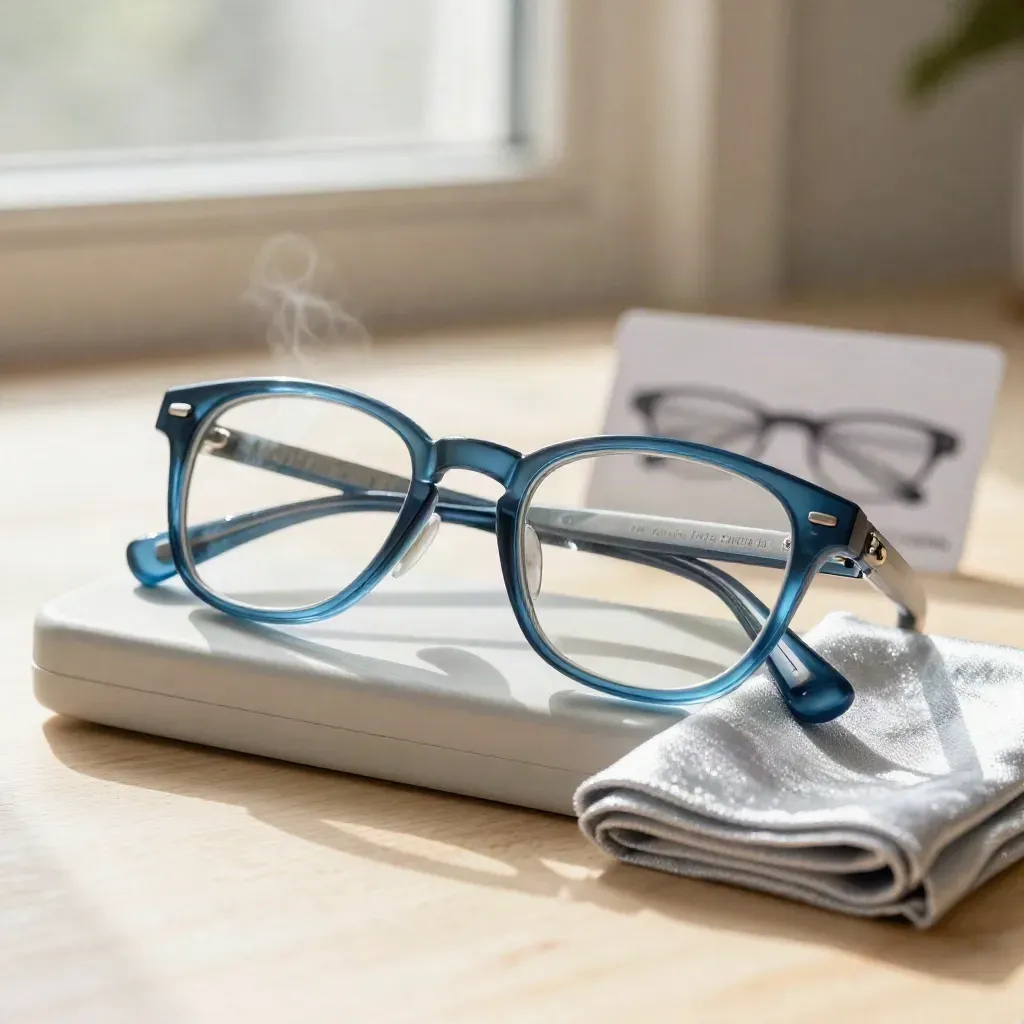 Blue kids glasses with case and cloth on pale maple, softly lit and premium.