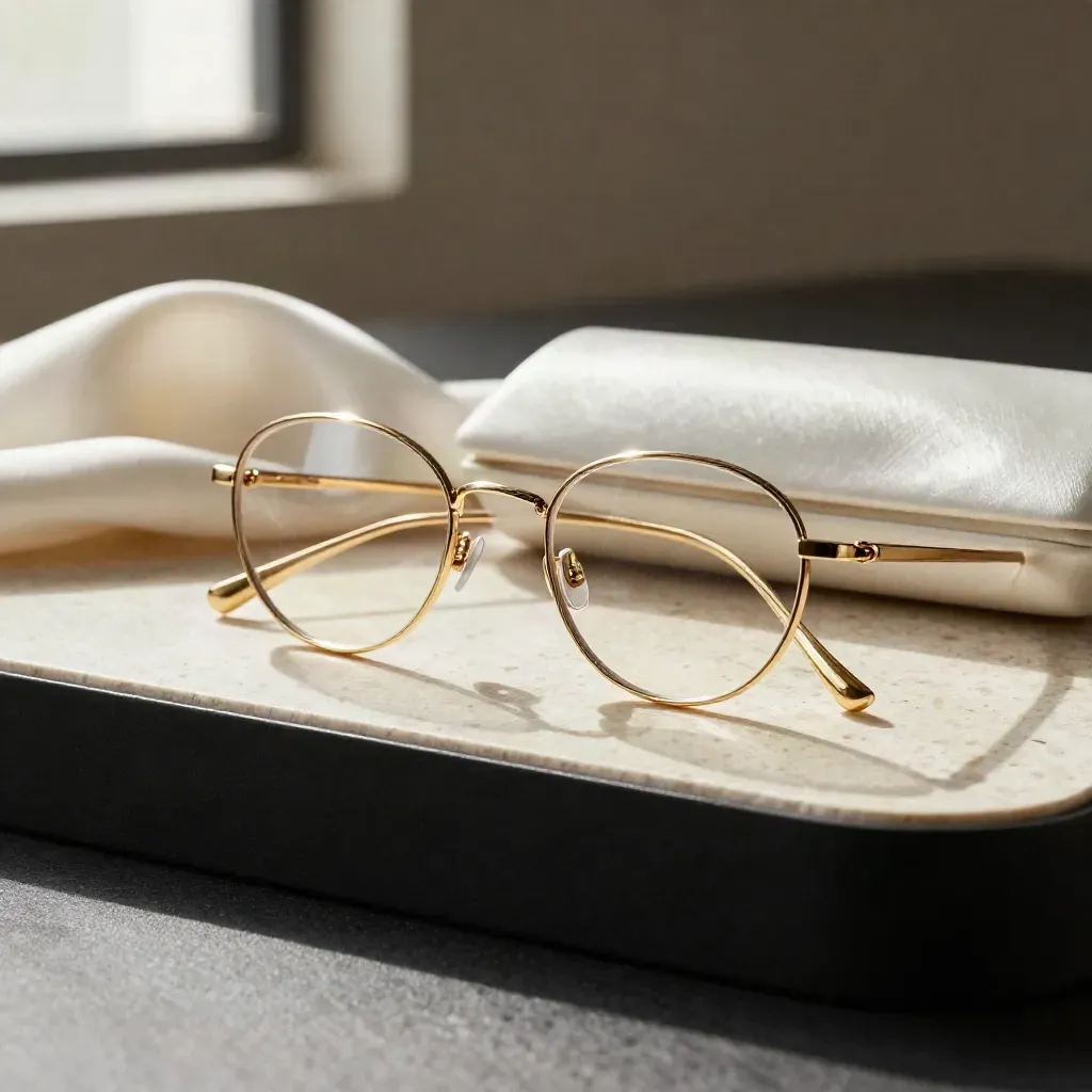 Gold oval eyeglass frames with case and silk cloth leaning on pale travertine.
