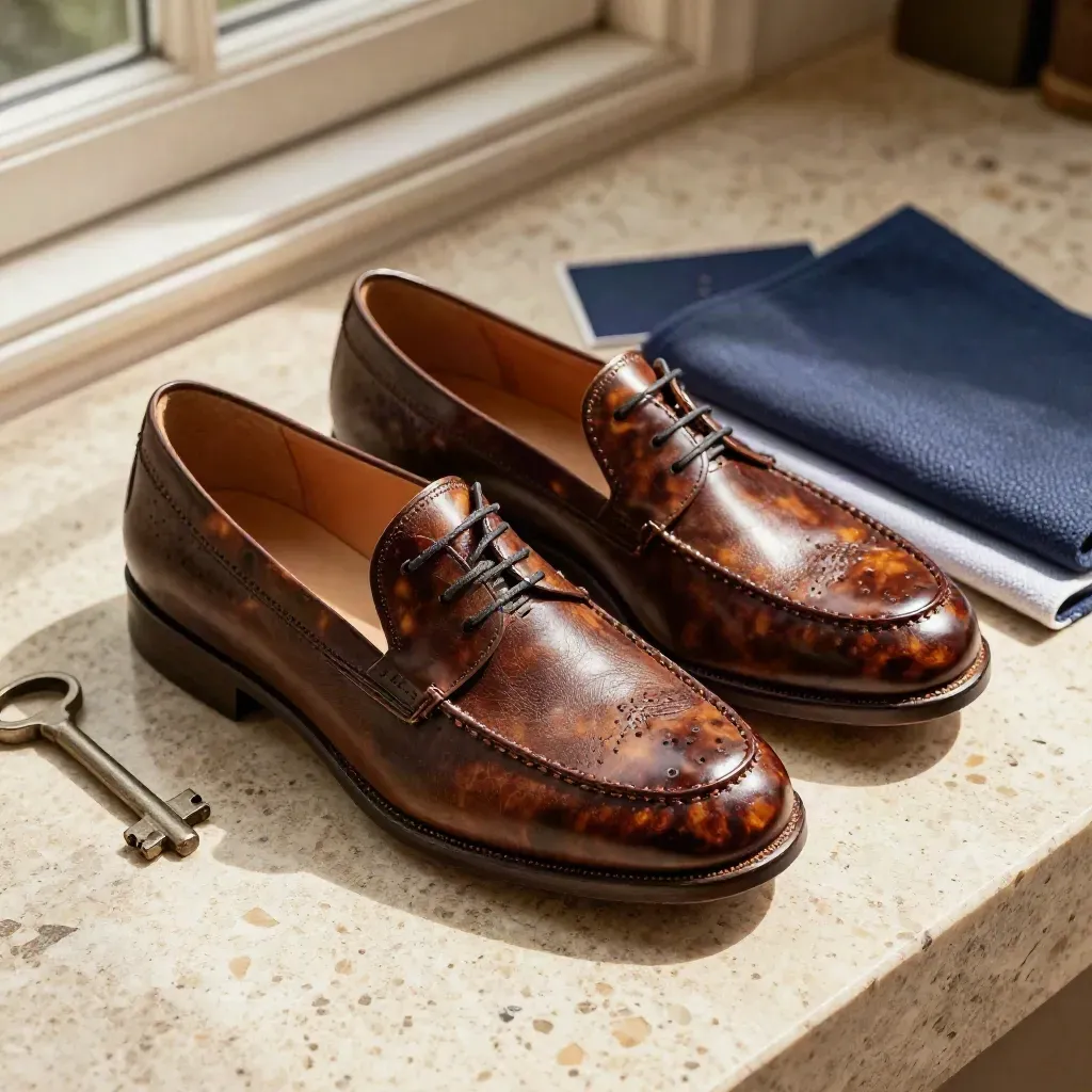 Brown tortoiseshell wayfarers beside a case and cloth on travertine, lit by a raking shadow.