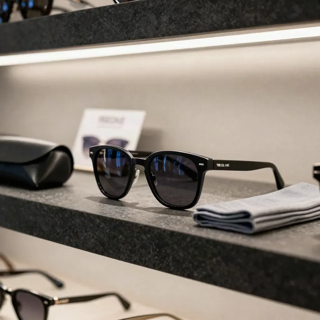 Black sunglasses with case and cloth on a stone shelf, lit dramatically