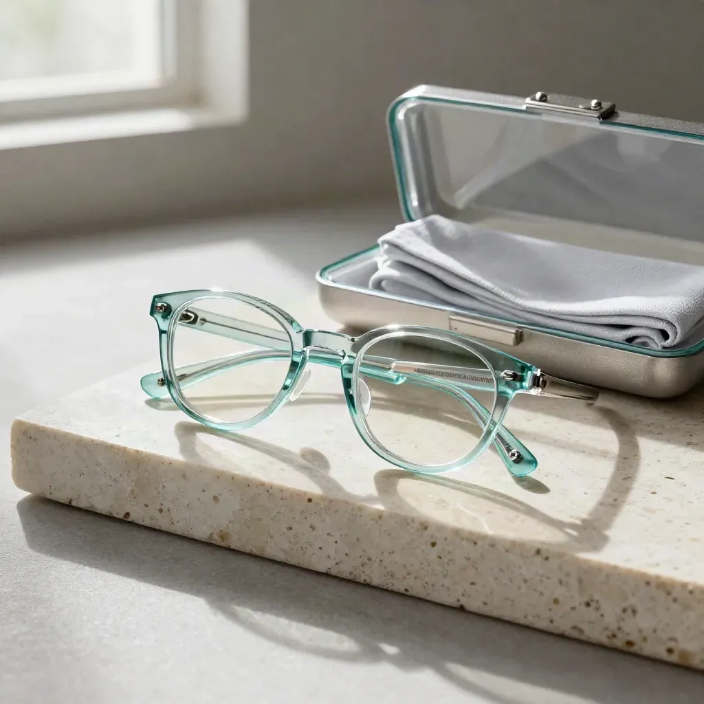 Crystal Wayfarer glasses with case and cloth on travertine, lit in a dramatic studio.