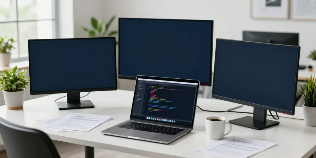 Developer checking code while creating tools to help users check out your URL in a modern office setting.